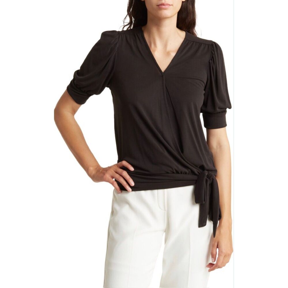 NWT Catherine Malandrino Black Elbow Puff Sleeve Wrap Top, Sz XS